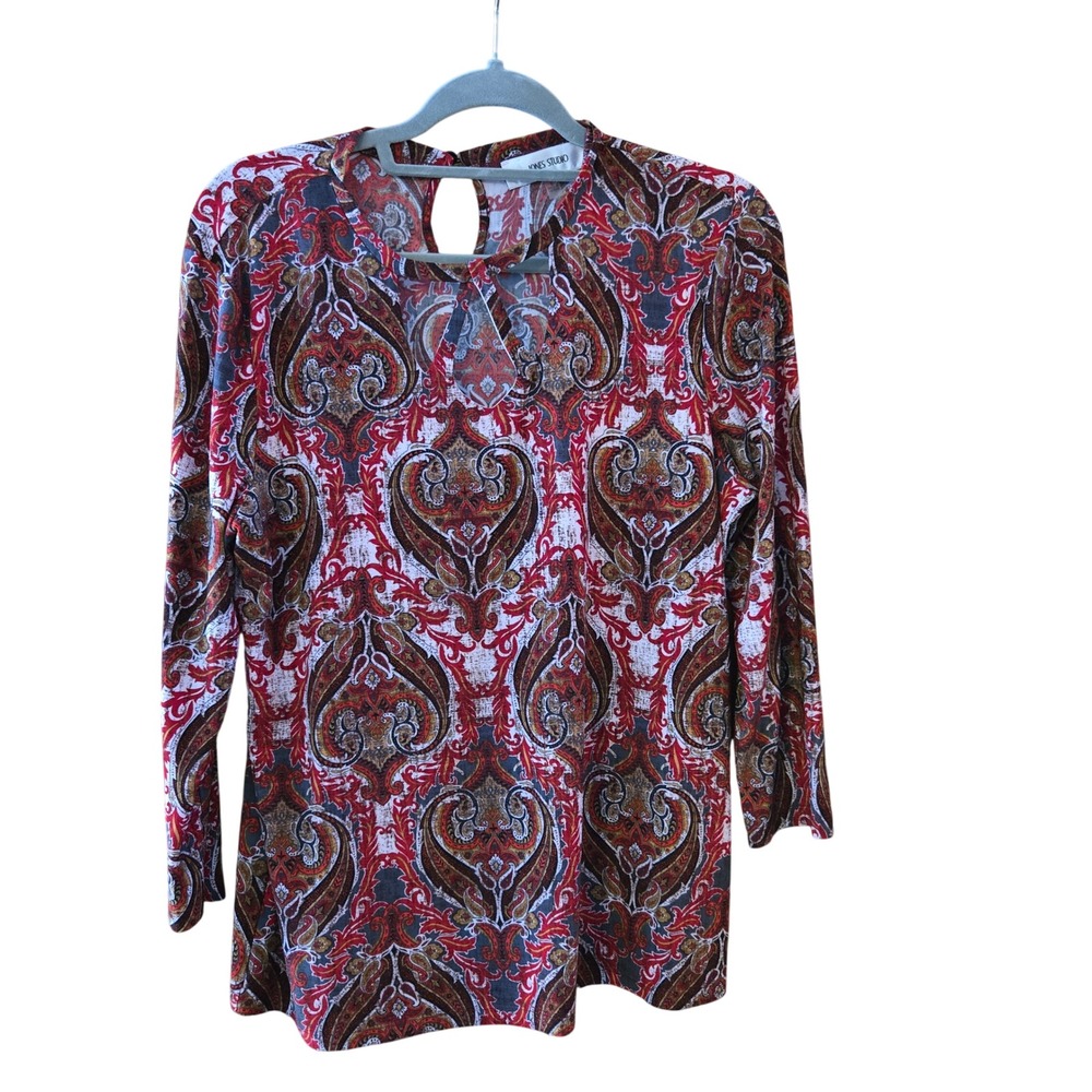 Jones‎ Studio Womens Long Sleeve Paisley Print Keyhole Neck Tunic Top Red Large